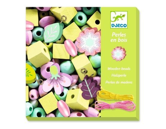 Wooden beads, leaves and flowers